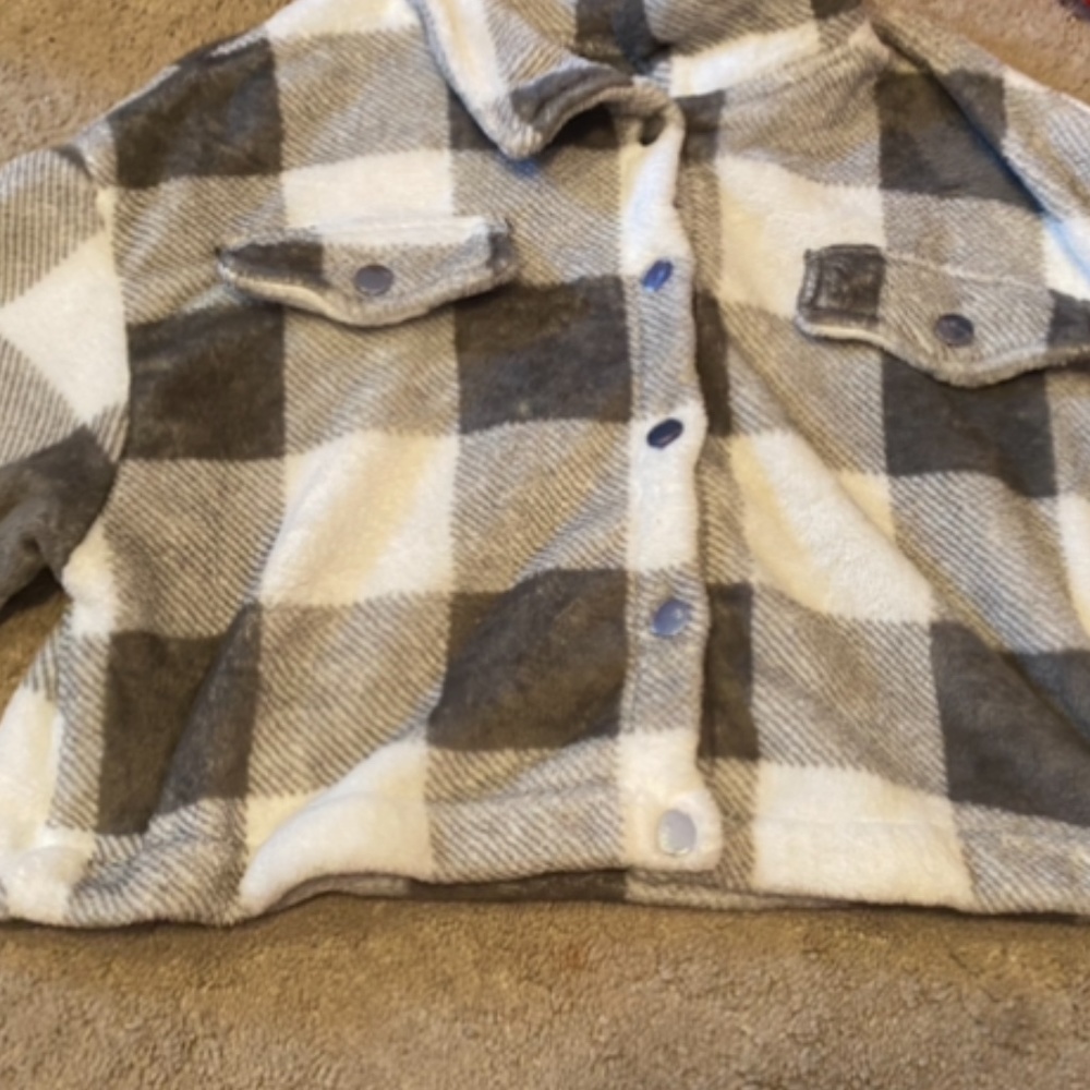 Fur buttoned up jacket grey and white colored plaid